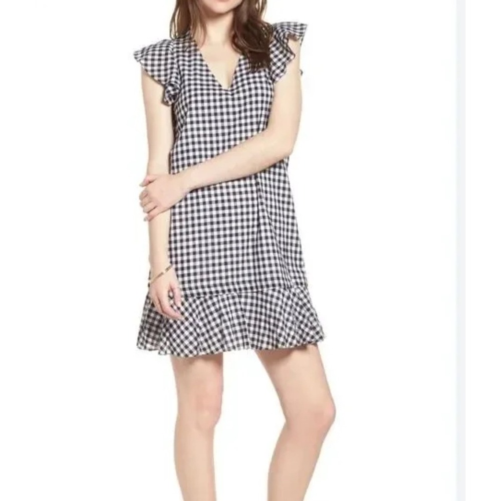 Madewell‎ Gingham Flutter Sleeve V Neck Dress Black White Size 14